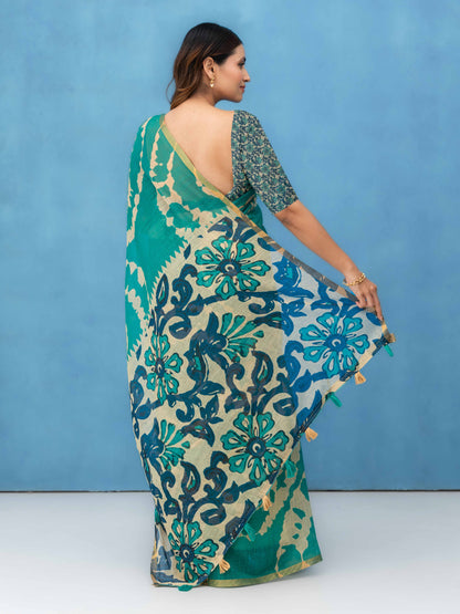 Green Cotton Linen Saree