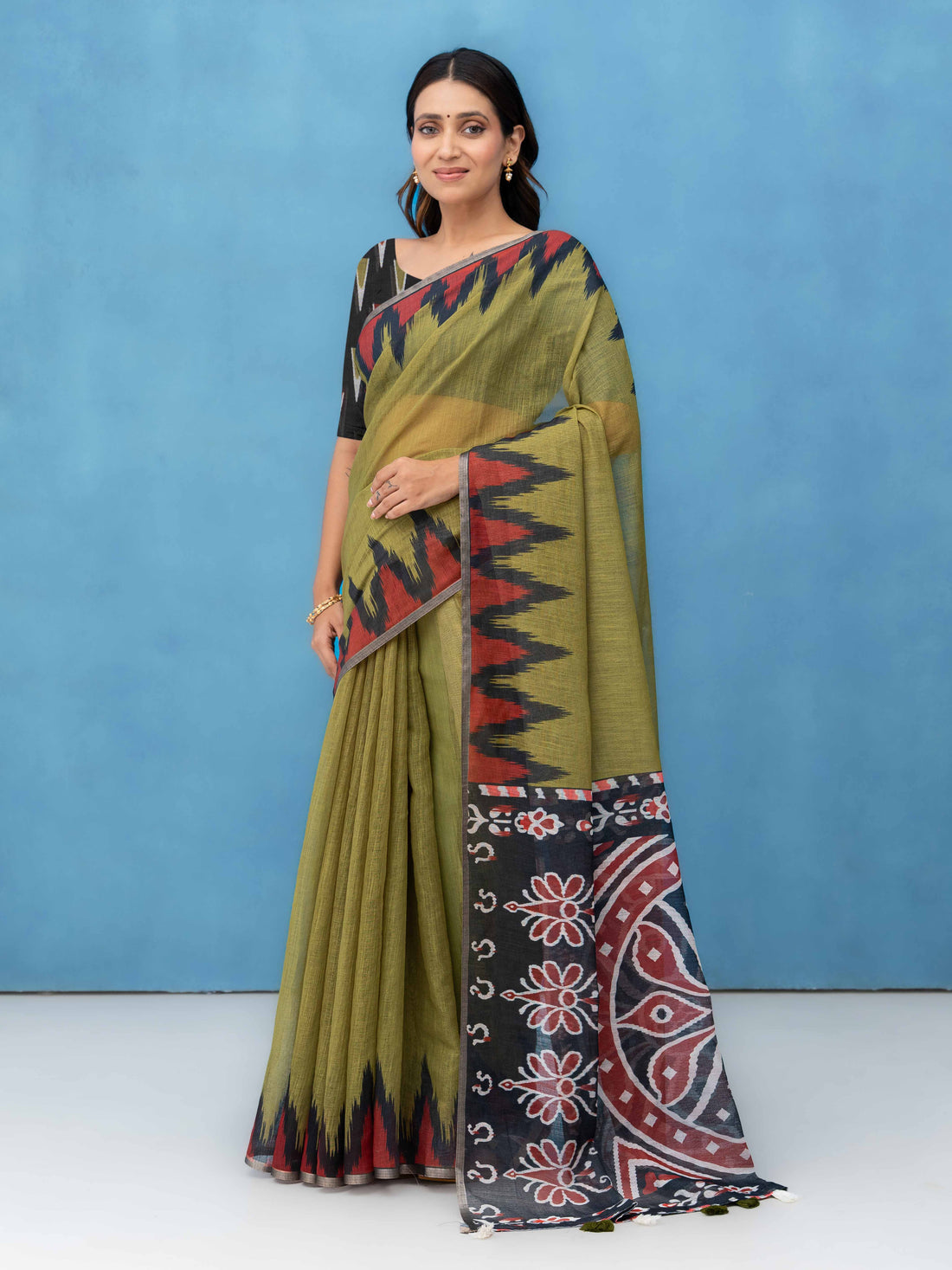Olive Green Cotton Linen Saree