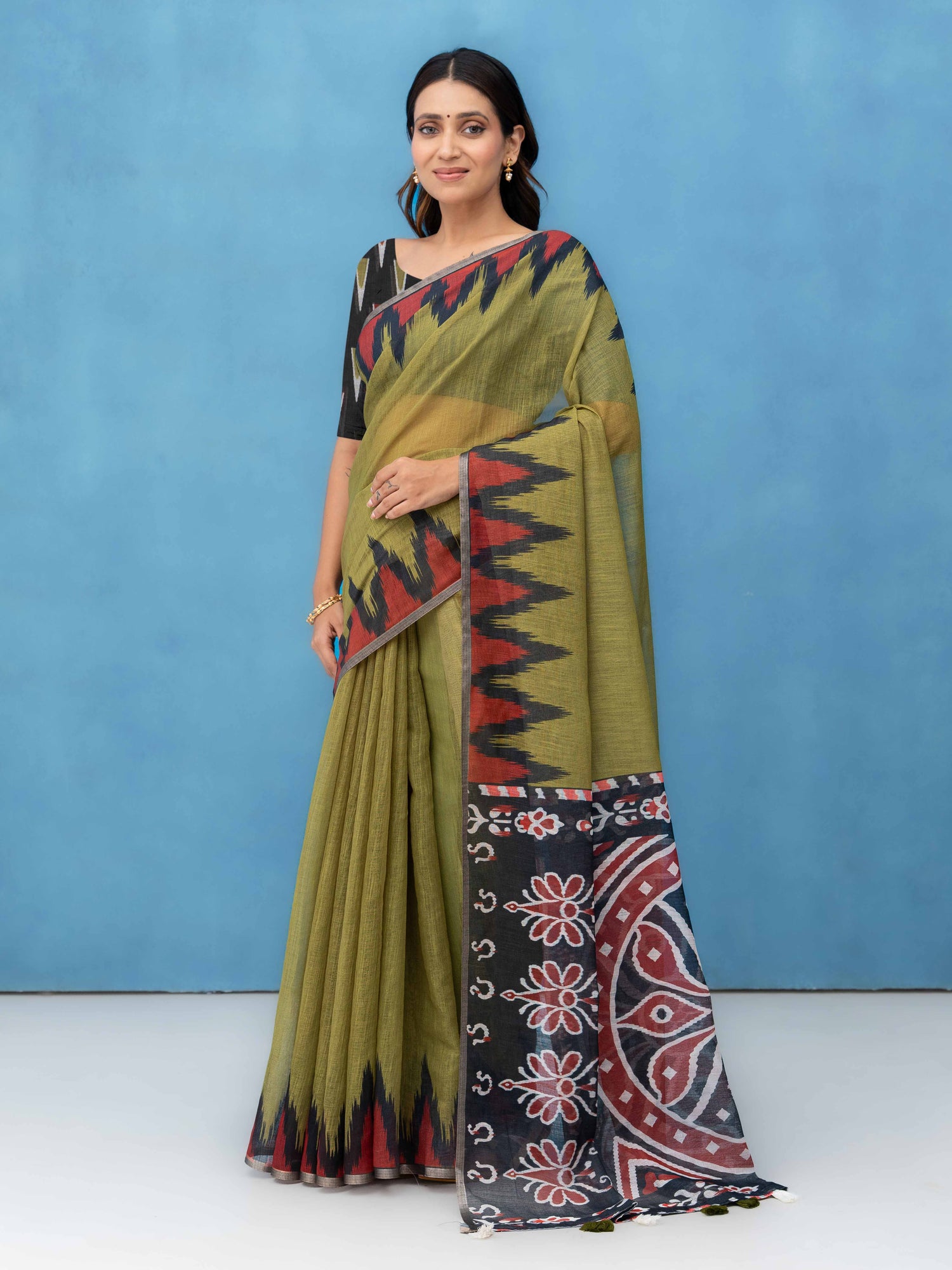 Olive Green Cotton Linen Saree