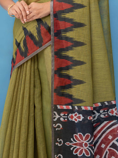Olive Green Cotton Linen Saree
