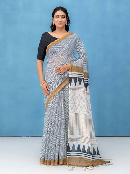 White &amp; Black Cotton Linen Printed Saree