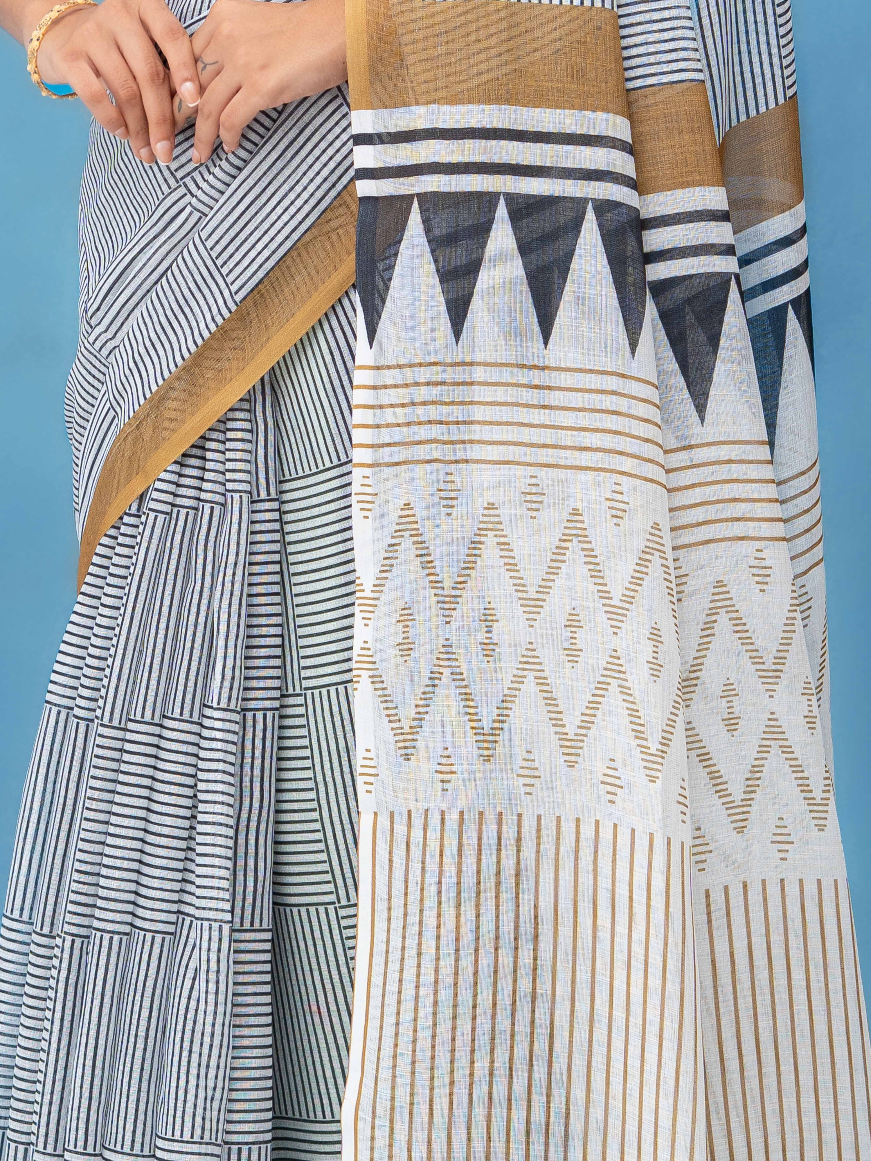 White &amp; Black Cotton Linen Printed Saree