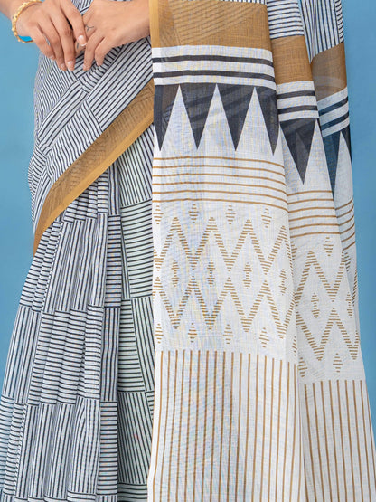 White &amp; Black Cotton Linen Printed Saree