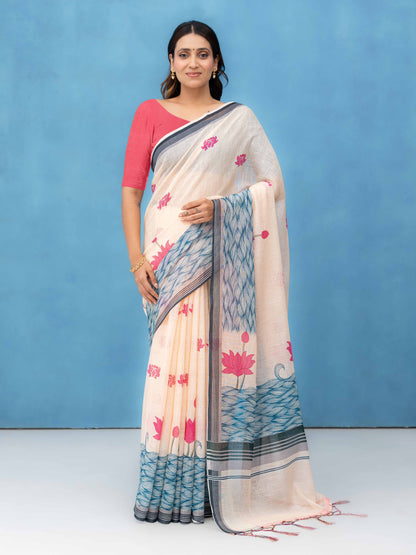 Off-White Cotton Linen Saree