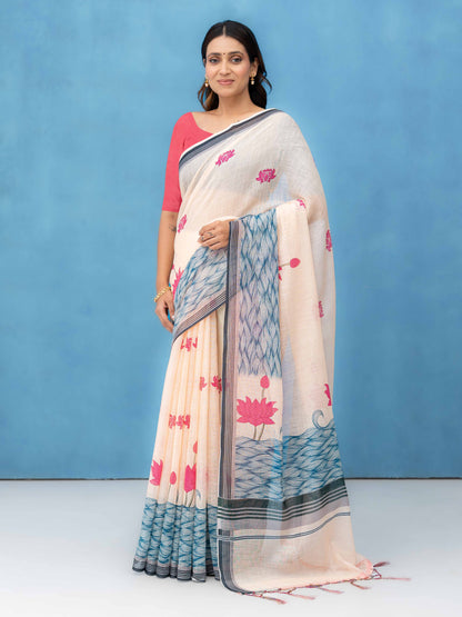 Off-White Cotton Linen Saree