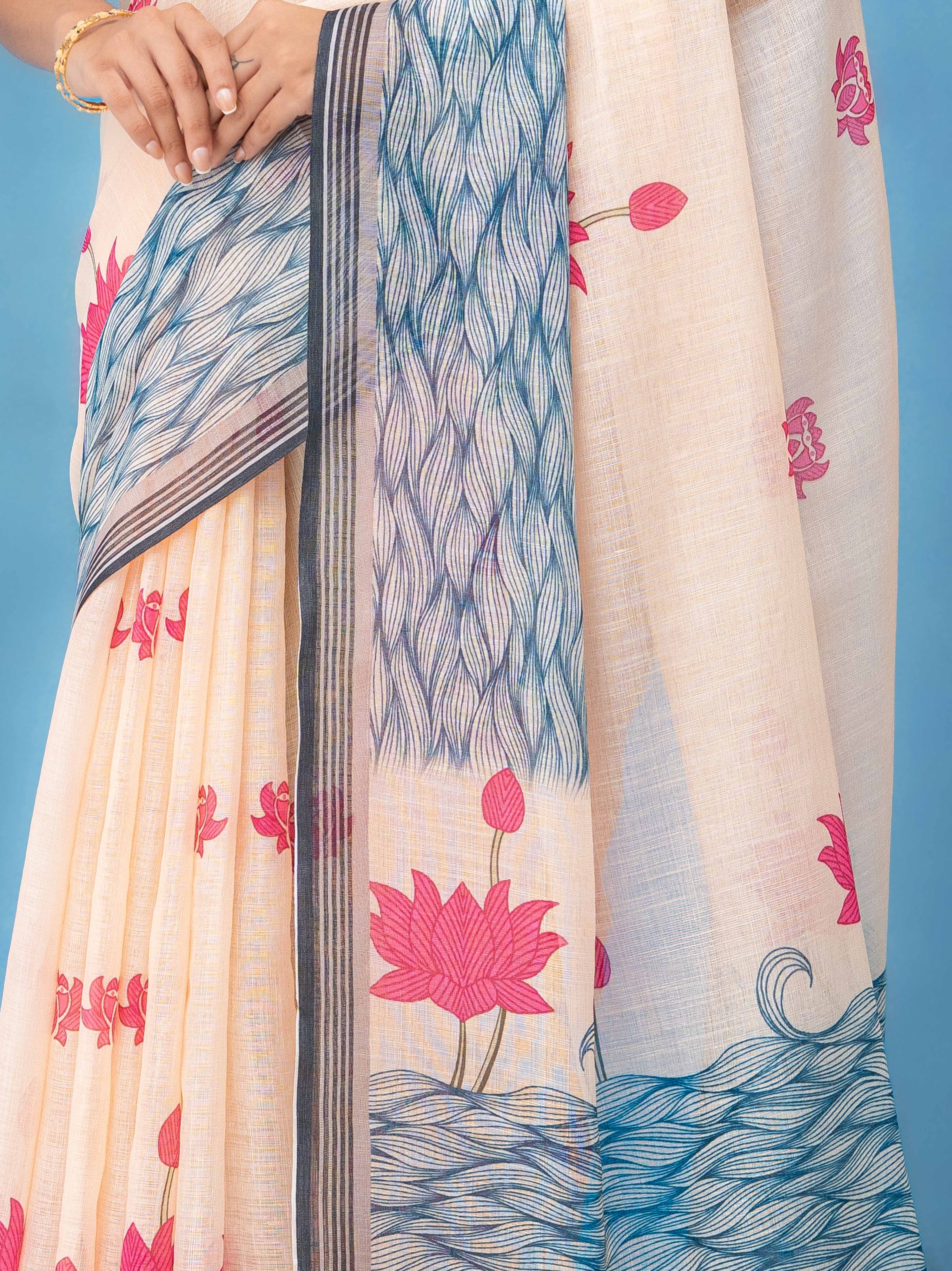 Off-White Cotton Linen Saree