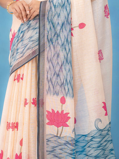 Off-White Cotton Linen Saree