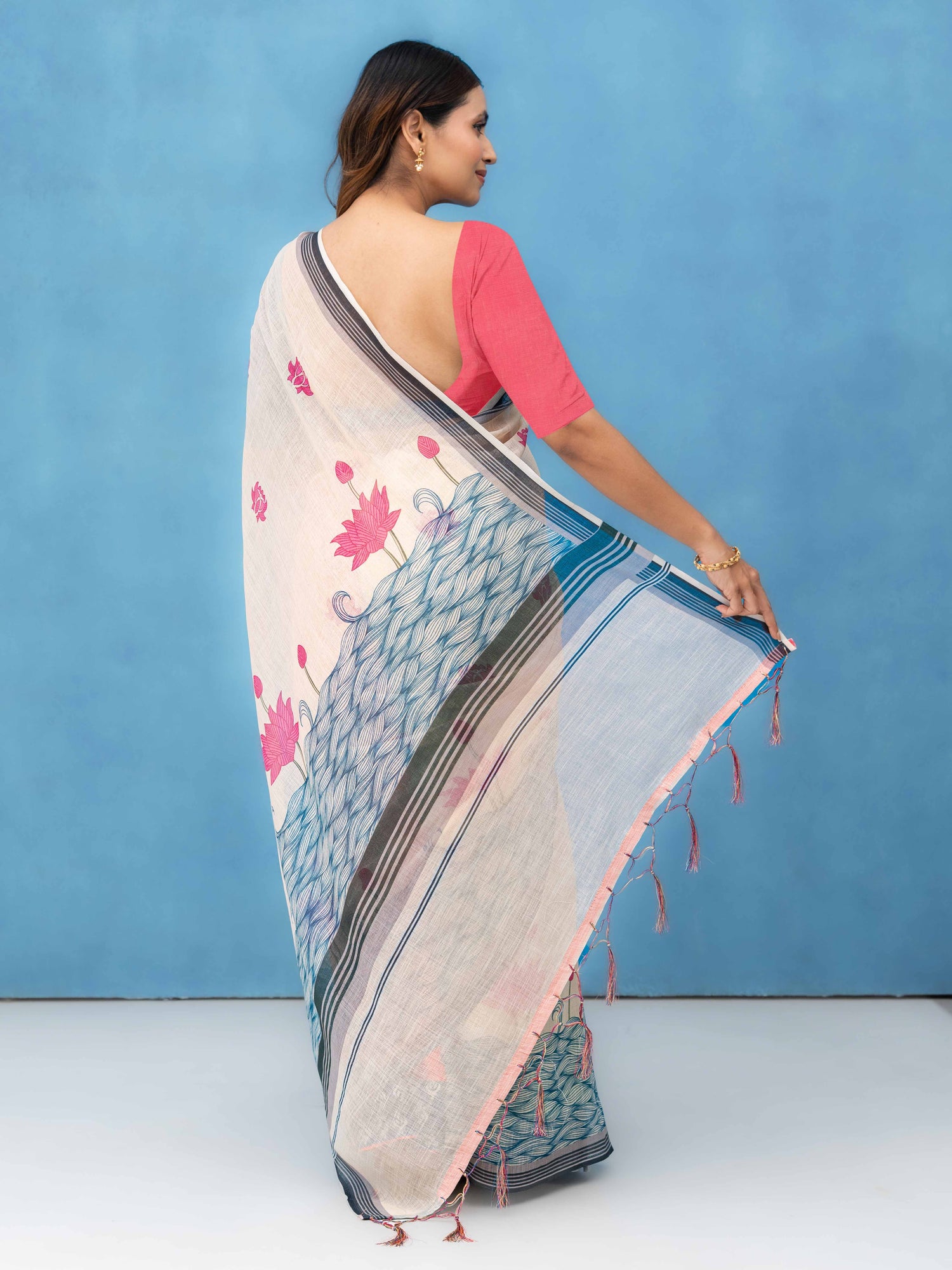 Off-White Cotton Linen Saree