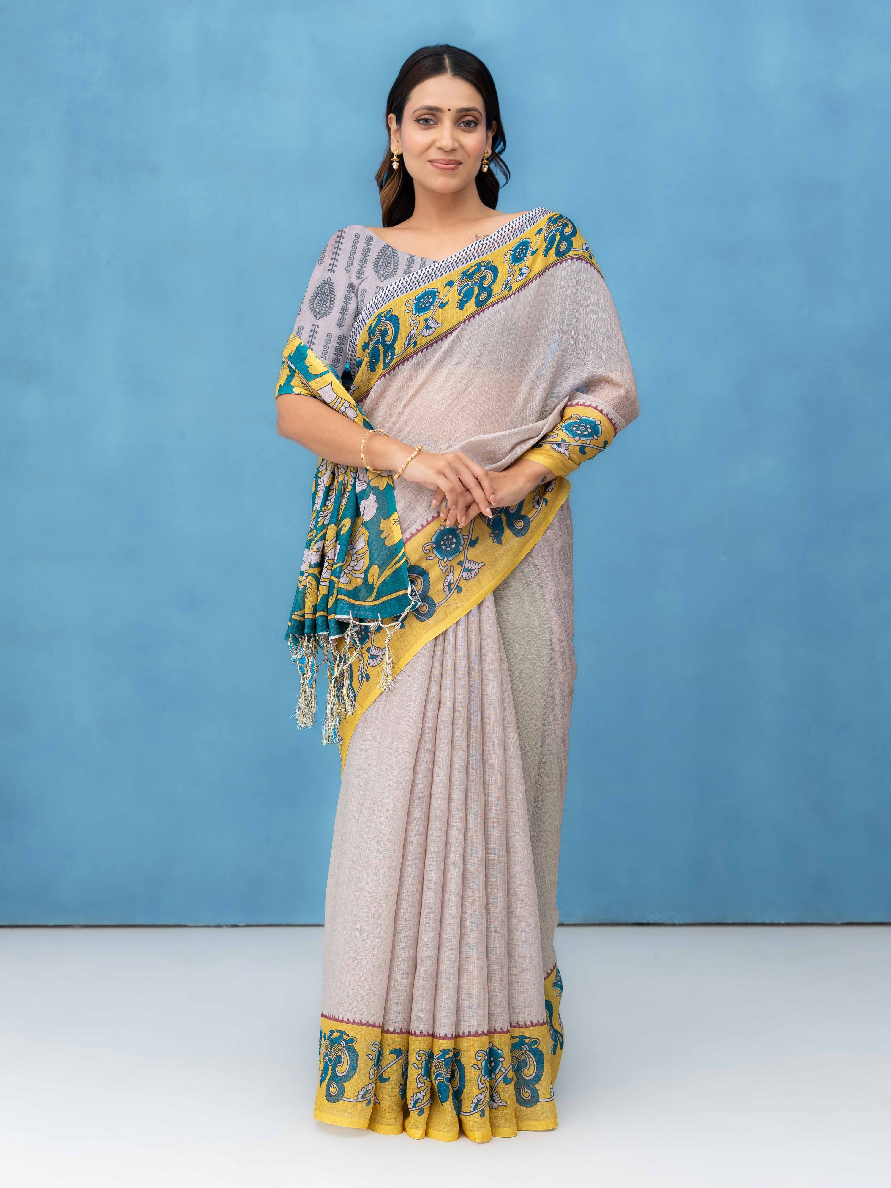 Grey Cotton Linen Saree