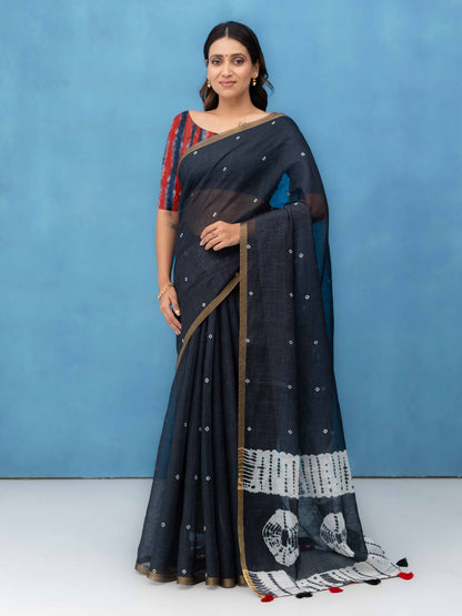 Black Cotton Linen Saree