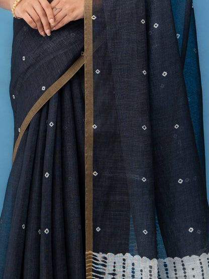 Black Cotton Linen Saree