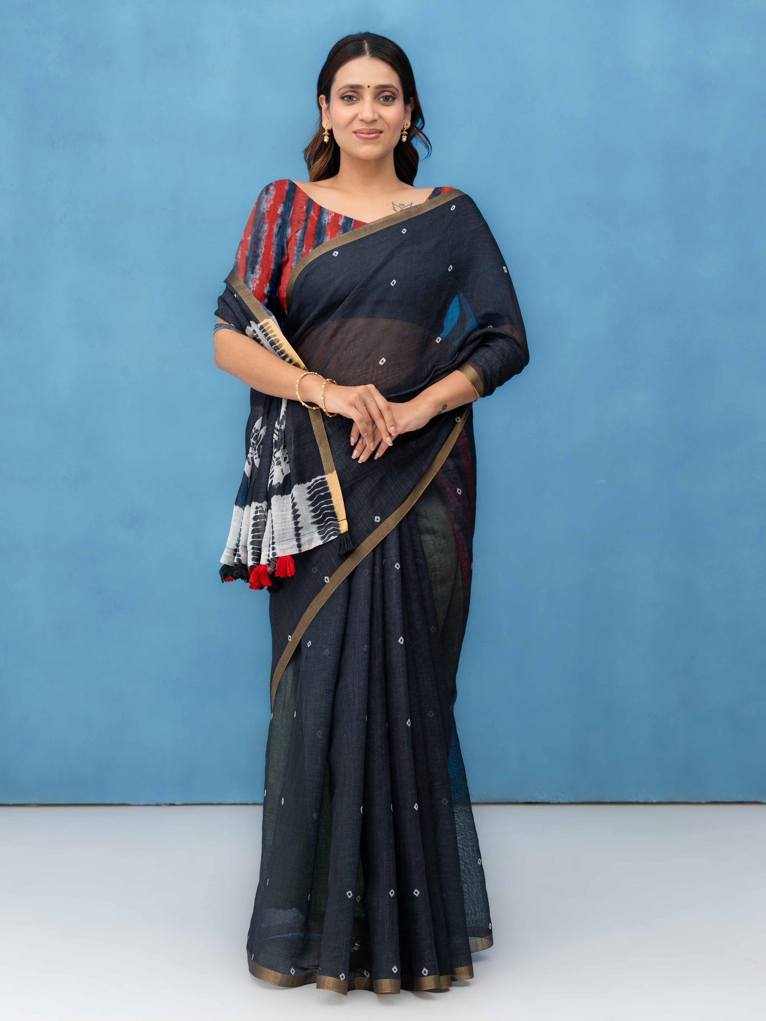Black Cotton Linen Saree