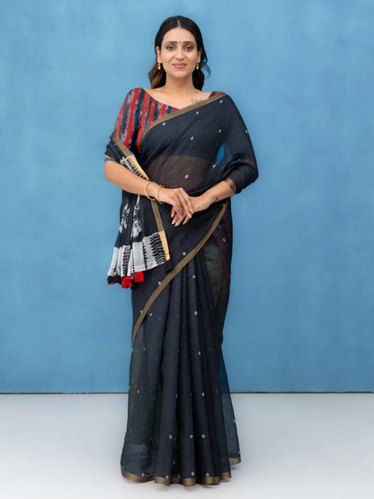 Black Cotton Linen Saree