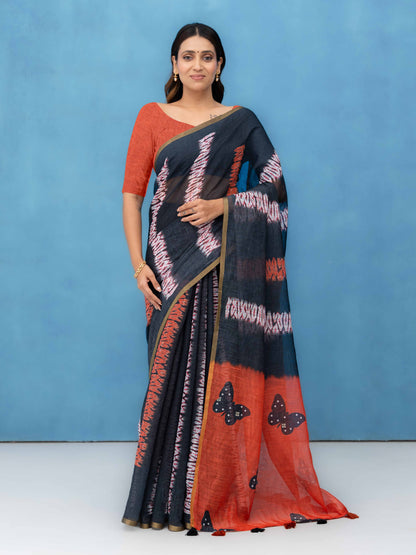Black Cotton Linen Saree