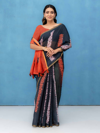 Black Cotton Linen Saree
