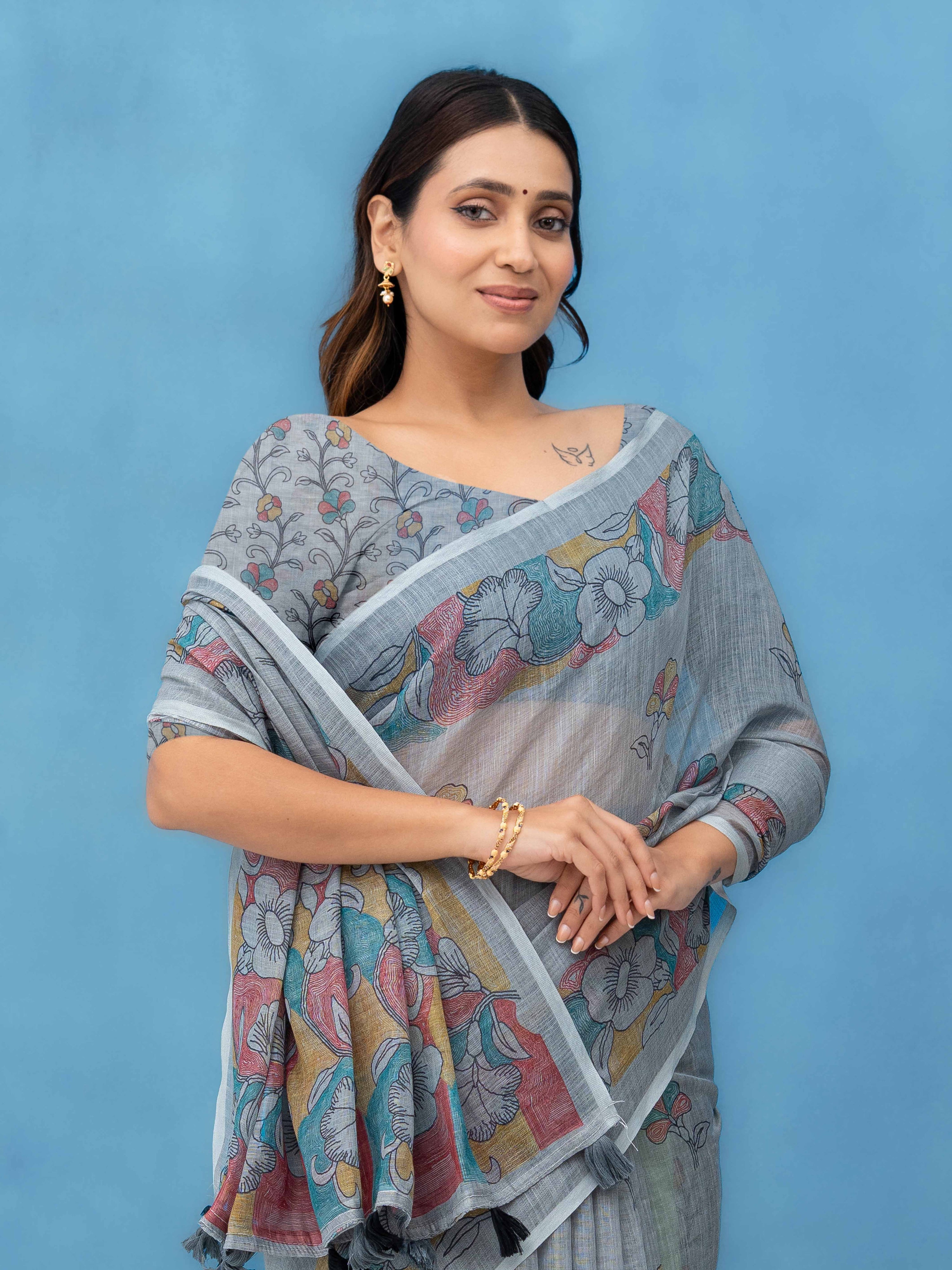 Light Grey Cotton Linen Saree