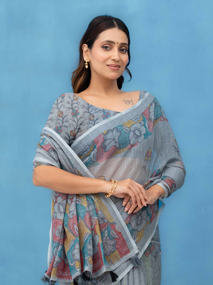Light Grey Cotton Linen Saree