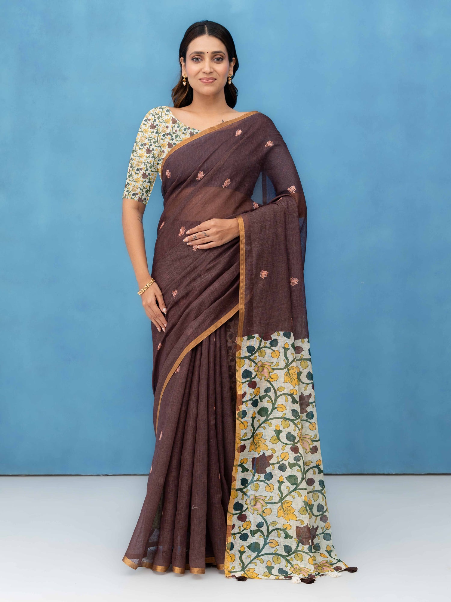 Brown Cotton Linen Saree
