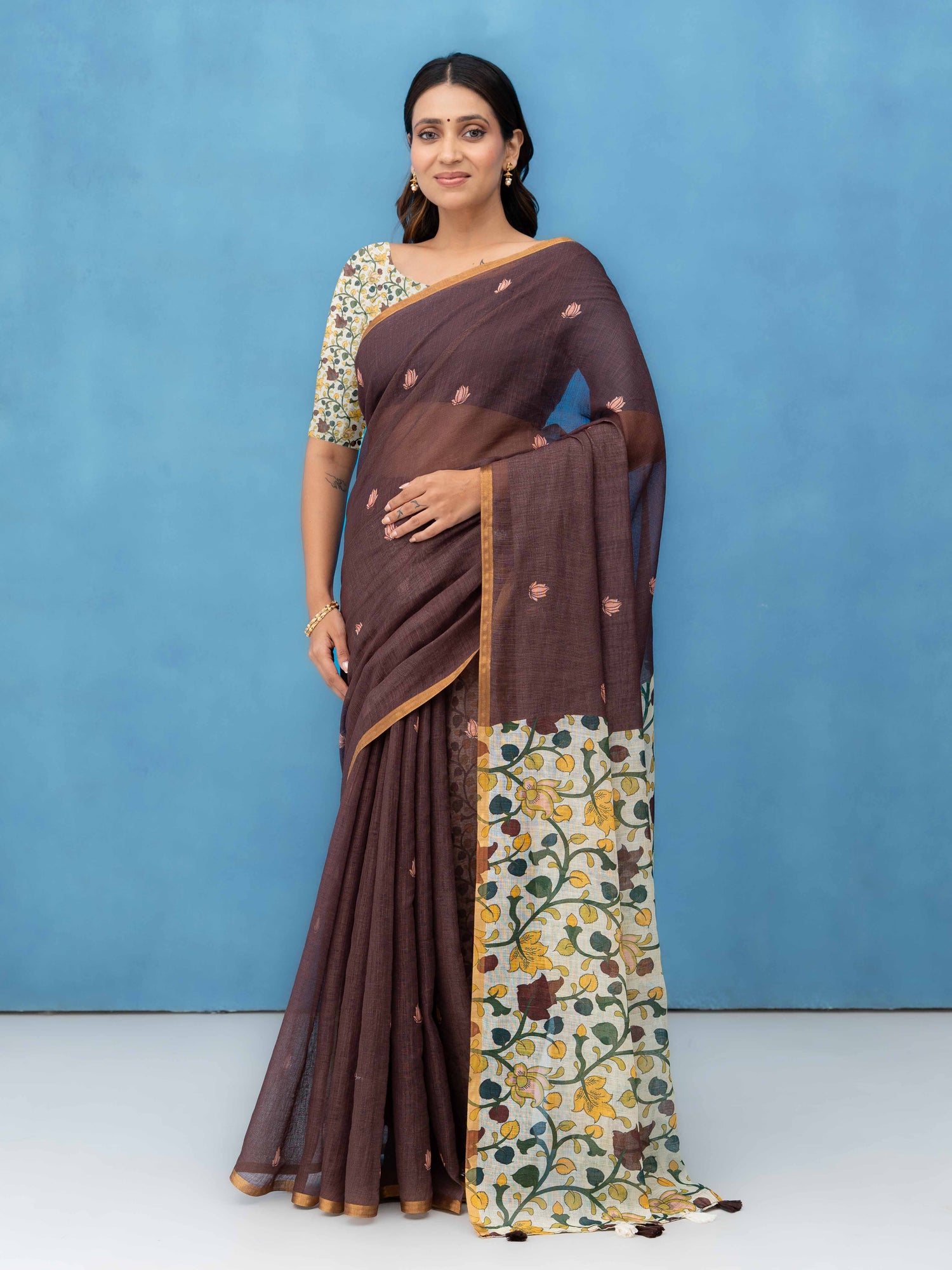 Brown Cotton Linen Saree