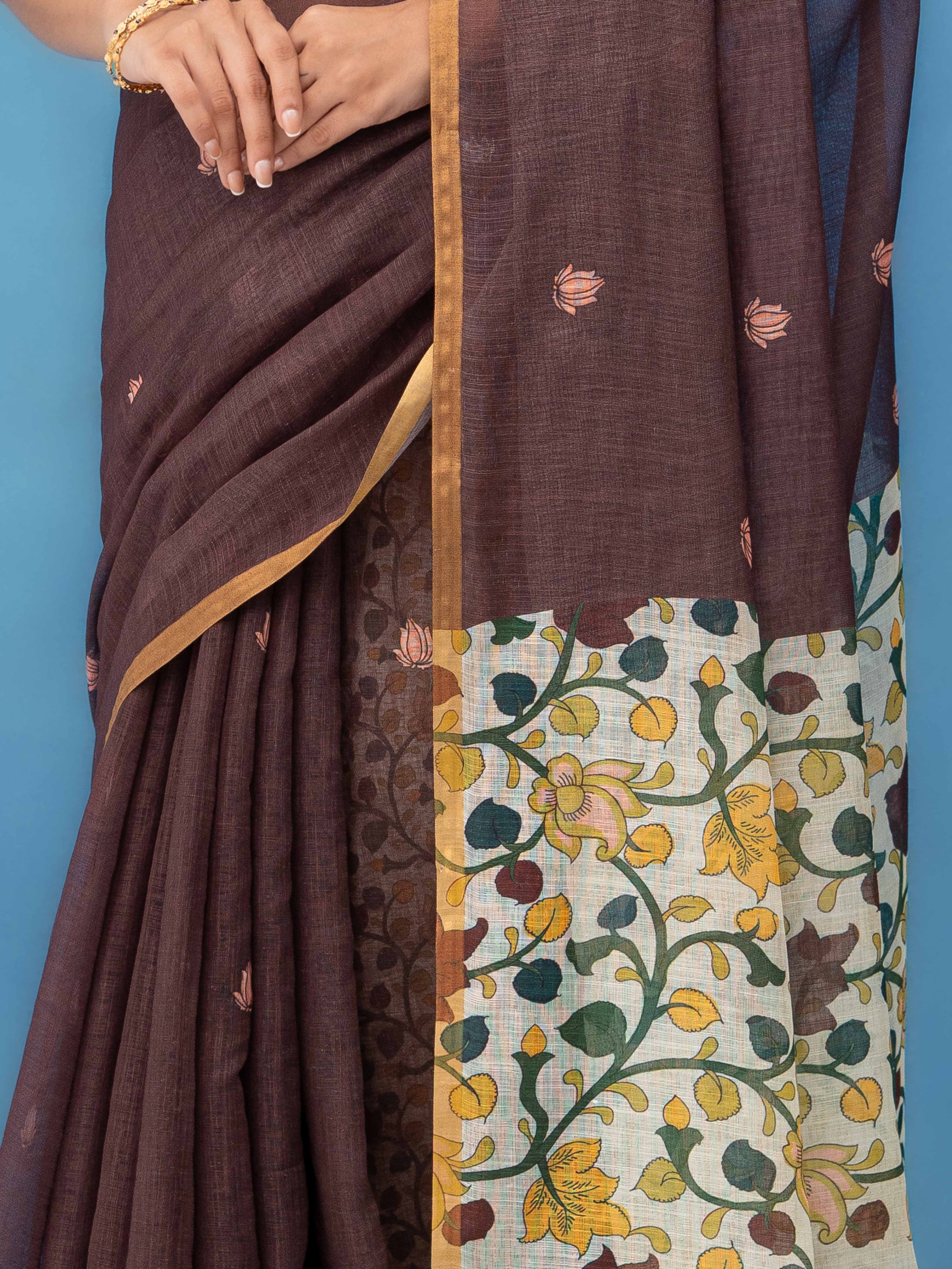 Brown Cotton Linen Saree