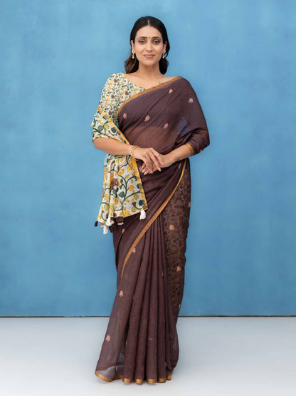 Brown Cotton Linen Saree