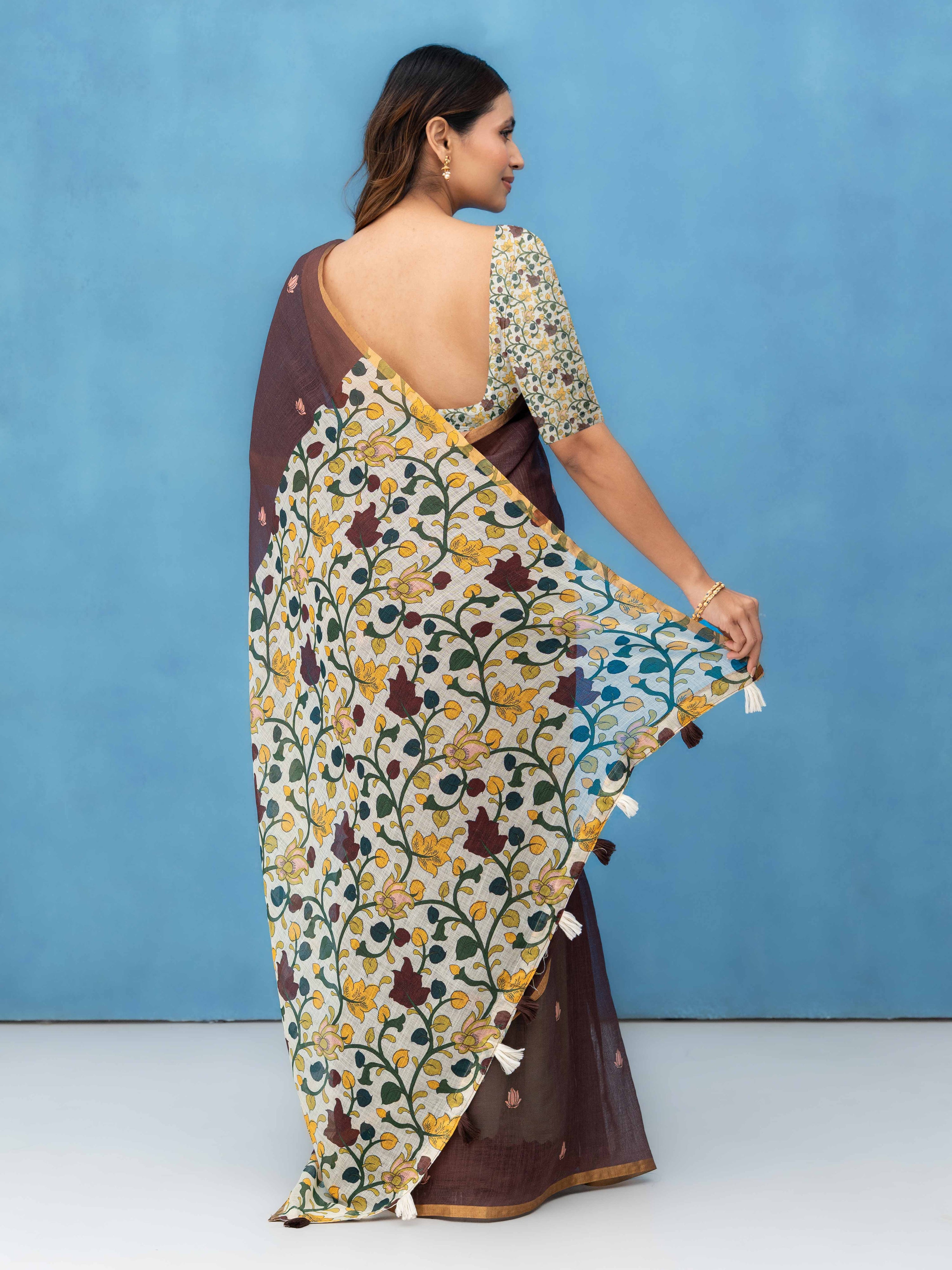 Brown Cotton Linen Saree