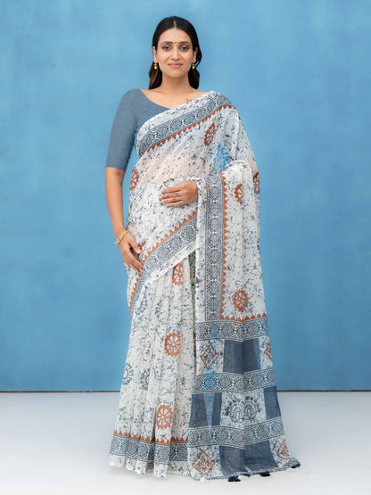 Off-White Cotton Linen Saree