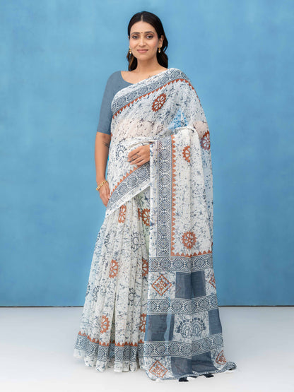Off-White Cotton Linen Saree