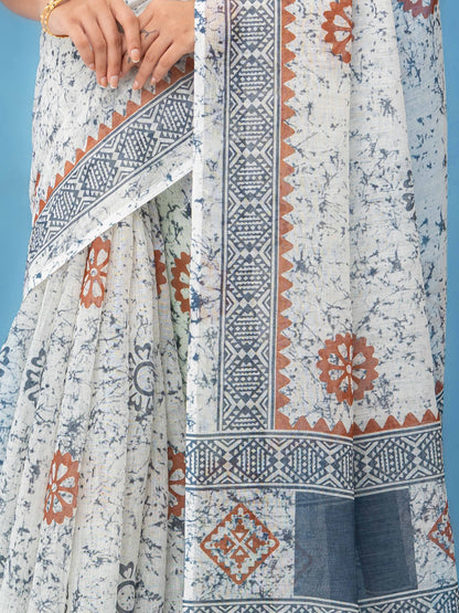 Off-White Cotton Linen Saree