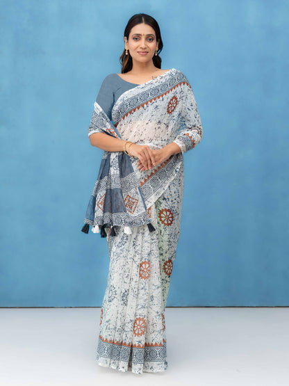 Off-White Cotton Linen Saree