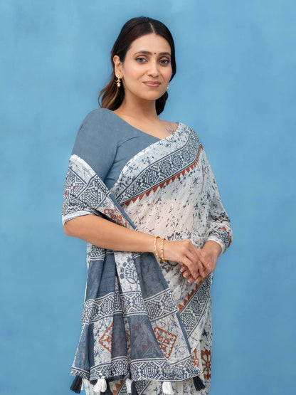 Off-White Cotton Linen Saree