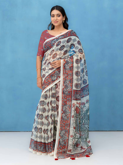 Off-White Cotton Linen Saree