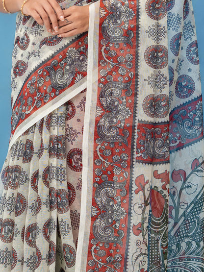 Off-White Cotton Linen Saree