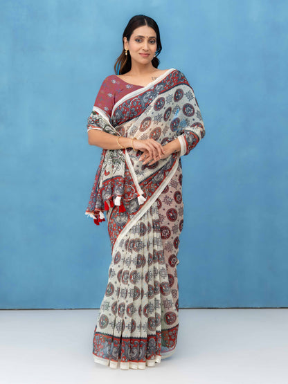 Off-White Cotton Linen Saree