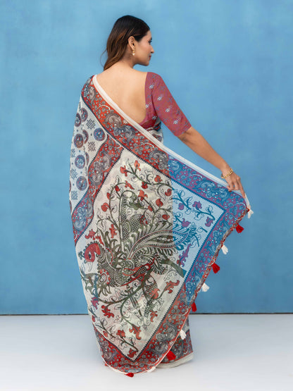 Off-White Cotton Linen Saree