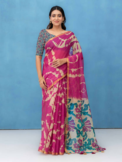 Pink Cotton Linen Saree