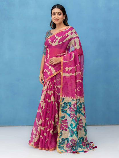 Pink Cotton Linen Saree