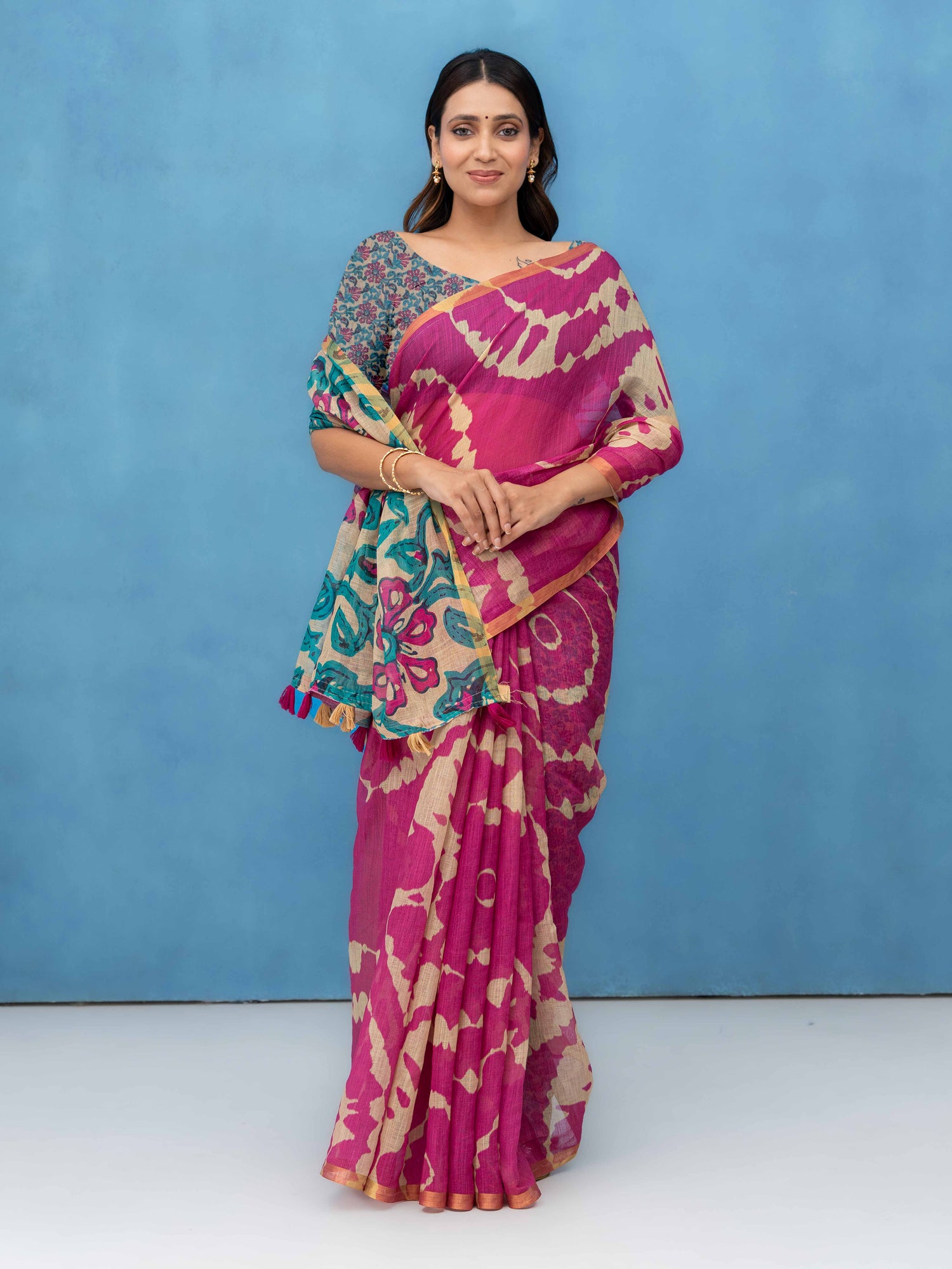 Pink Cotton Linen Saree