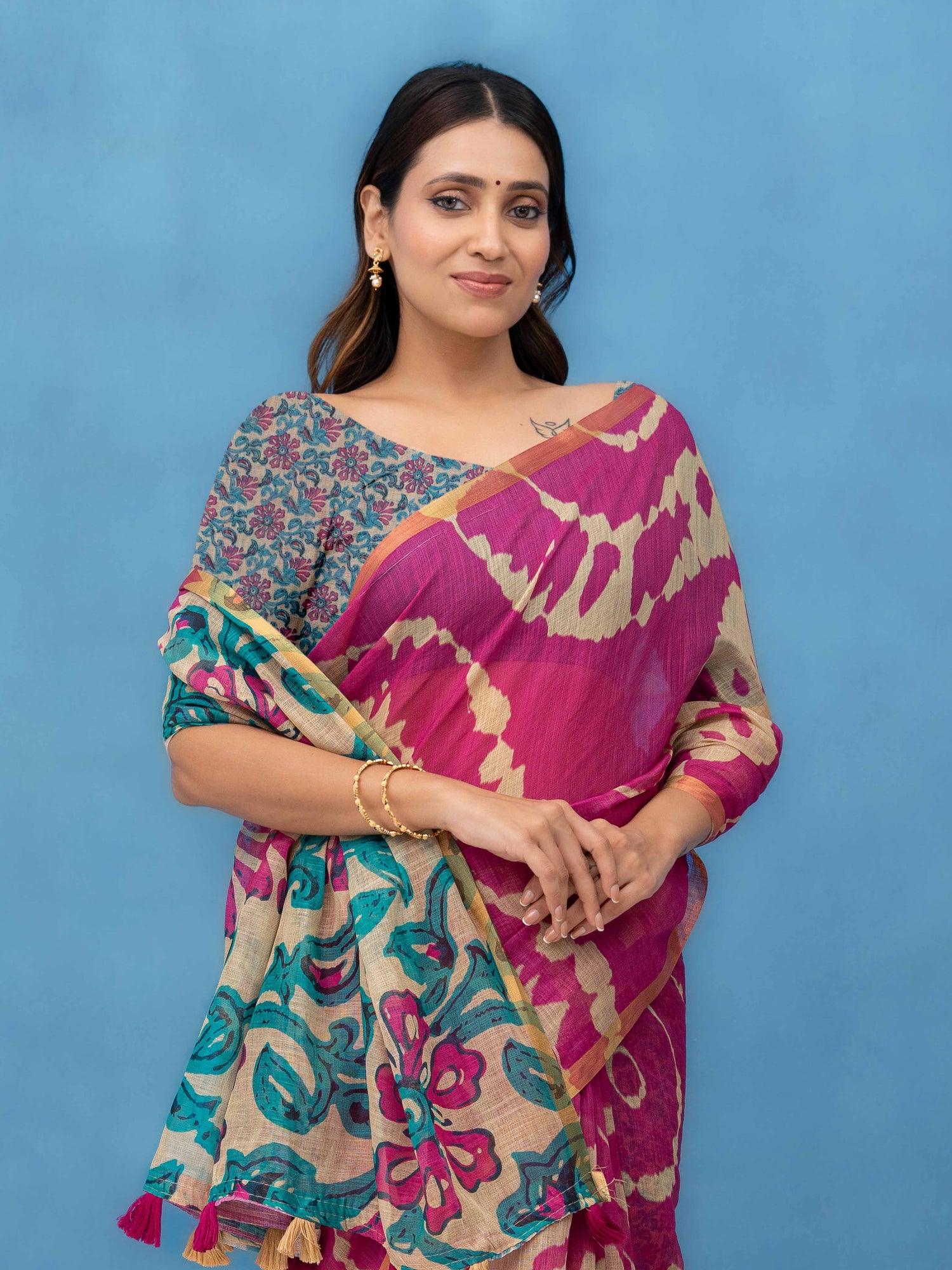 Pink Cotton Linen Saree