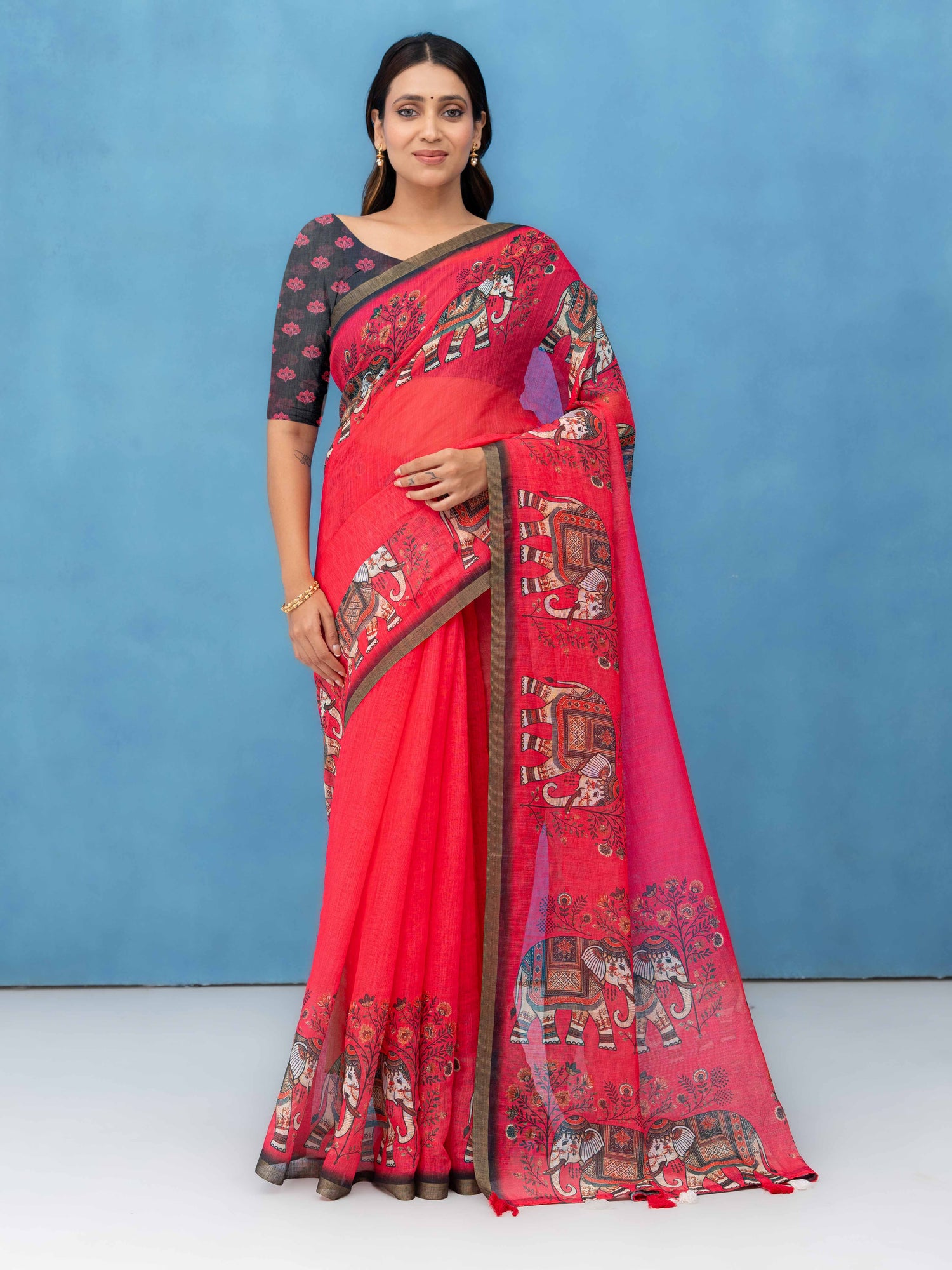 Red Cotton Linen Saree