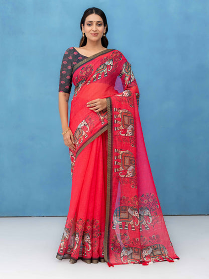 Red Cotton Linen Saree