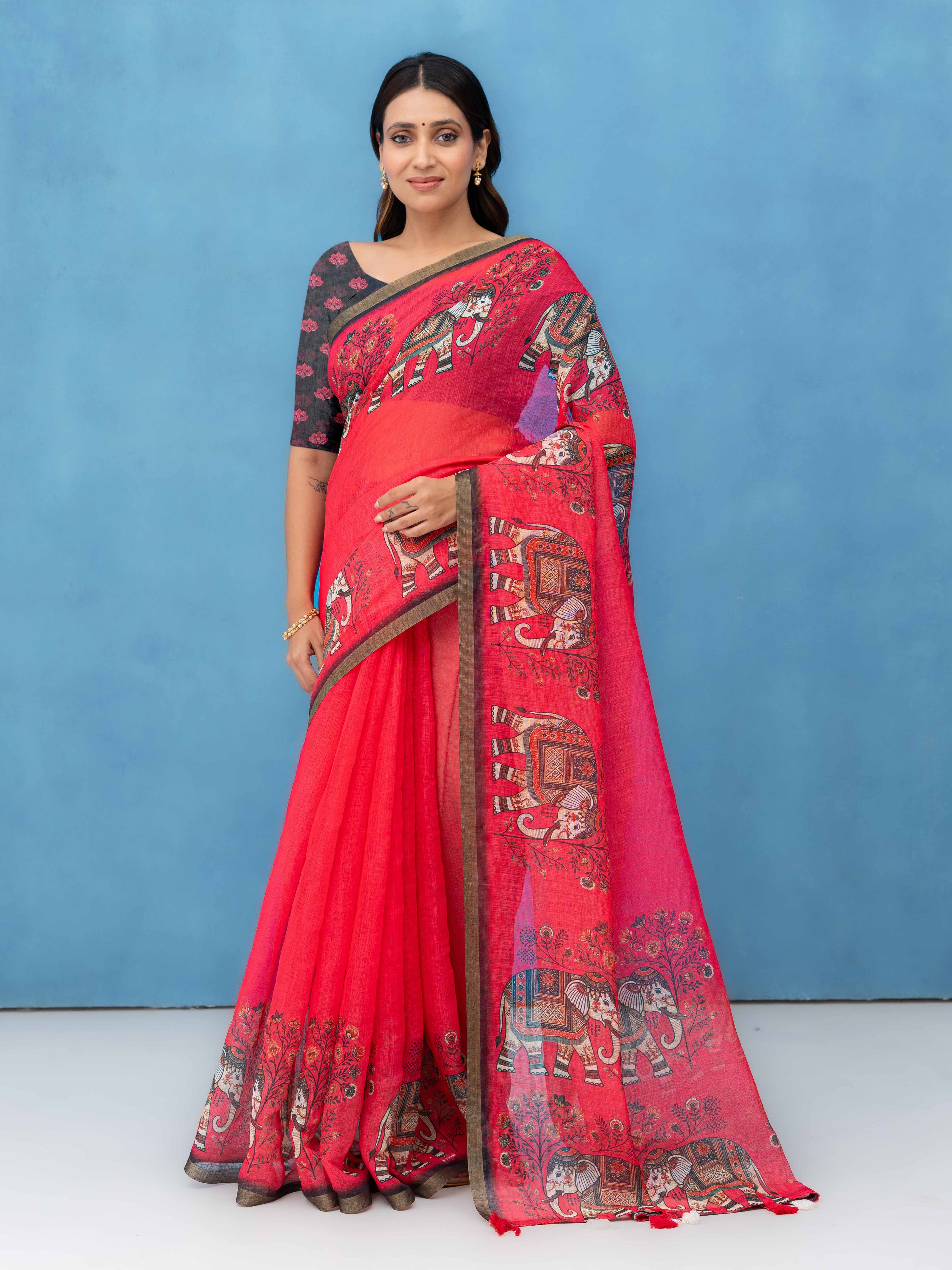 Red Cotton Linen Saree