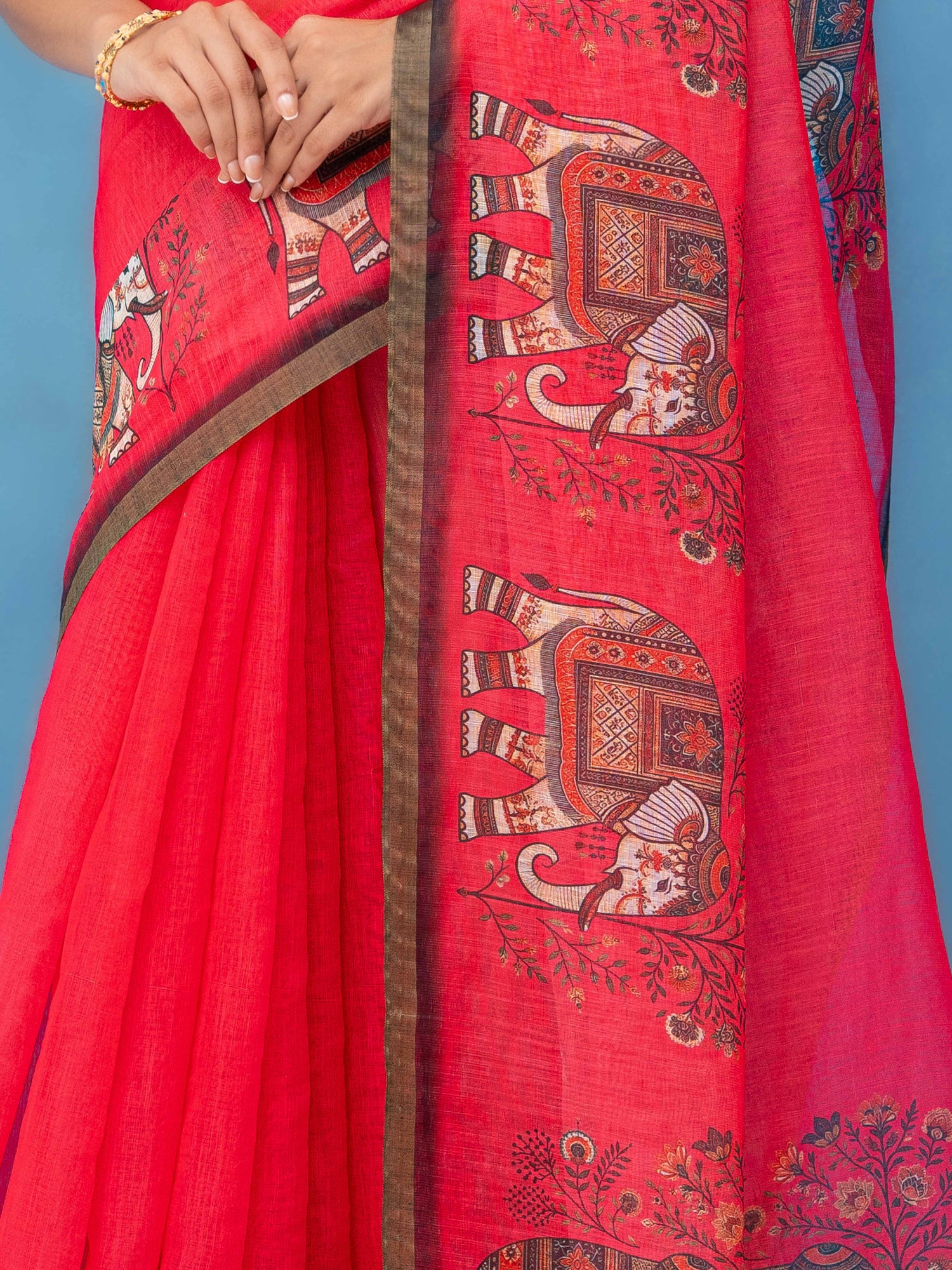 Red Cotton Linen Saree