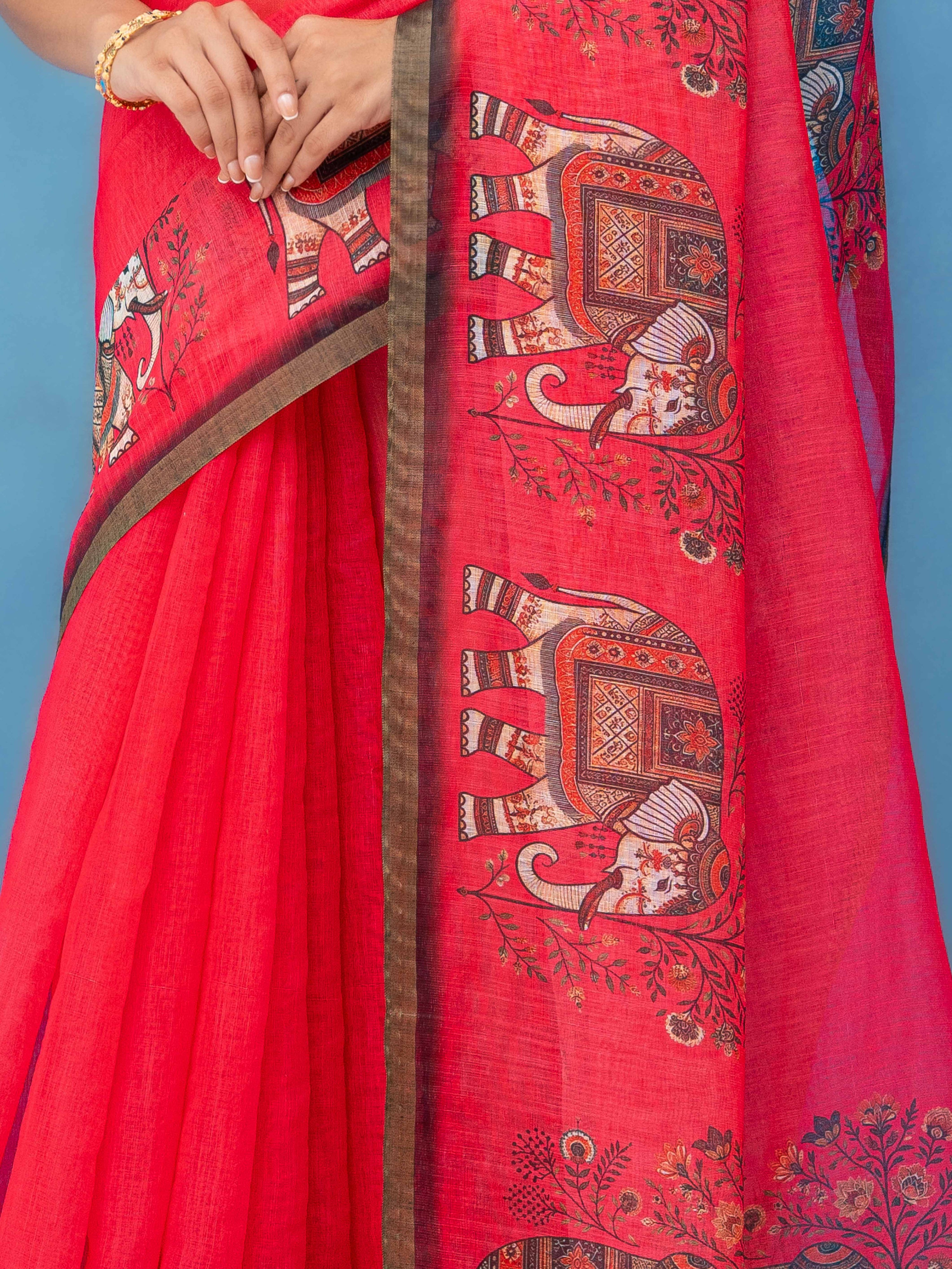 Red Cotton Linen Saree
