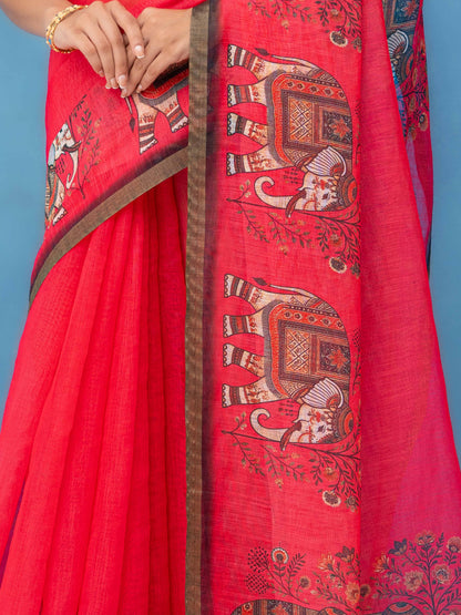 Red Cotton Linen Saree