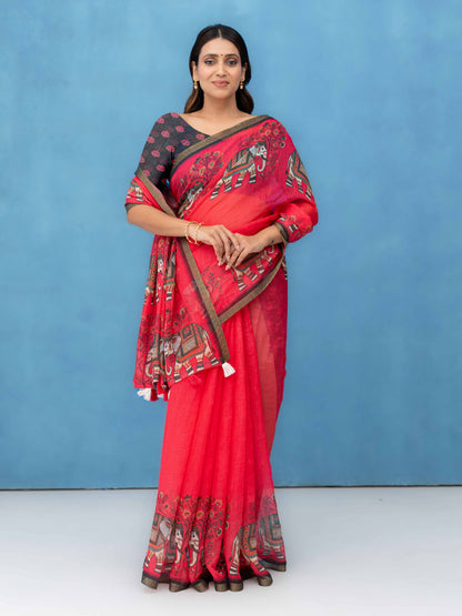 Red Cotton Linen Saree