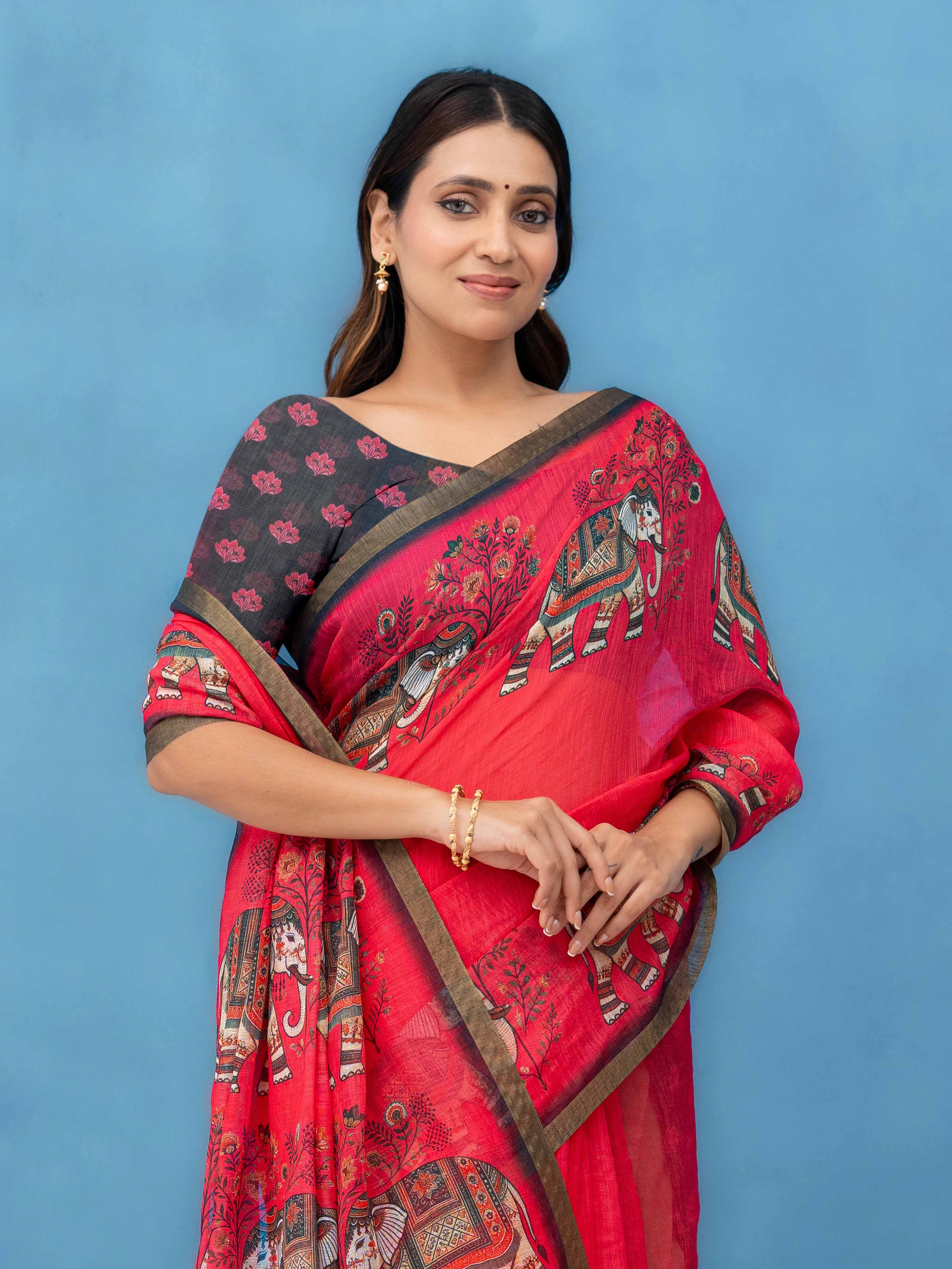 Red Cotton Linen Saree