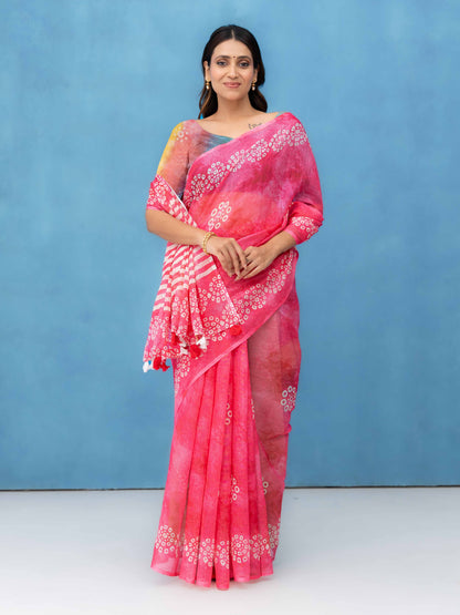 Pink Cotton Linen Saree