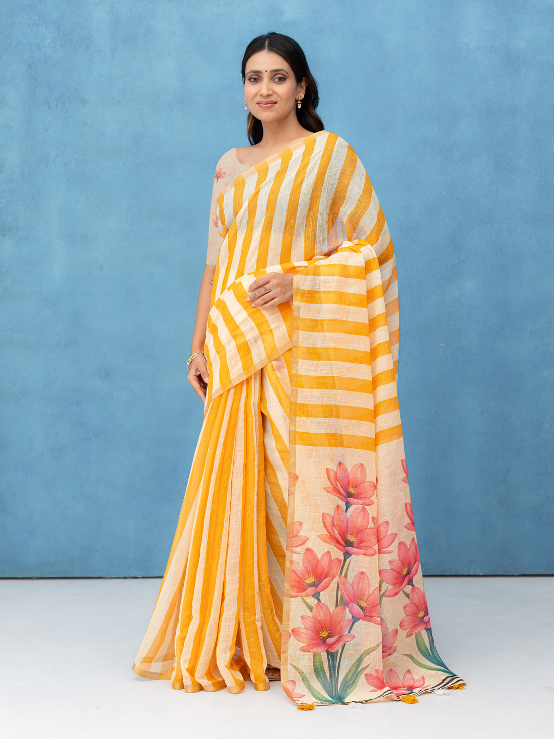 Beige Cotton Linen Saree