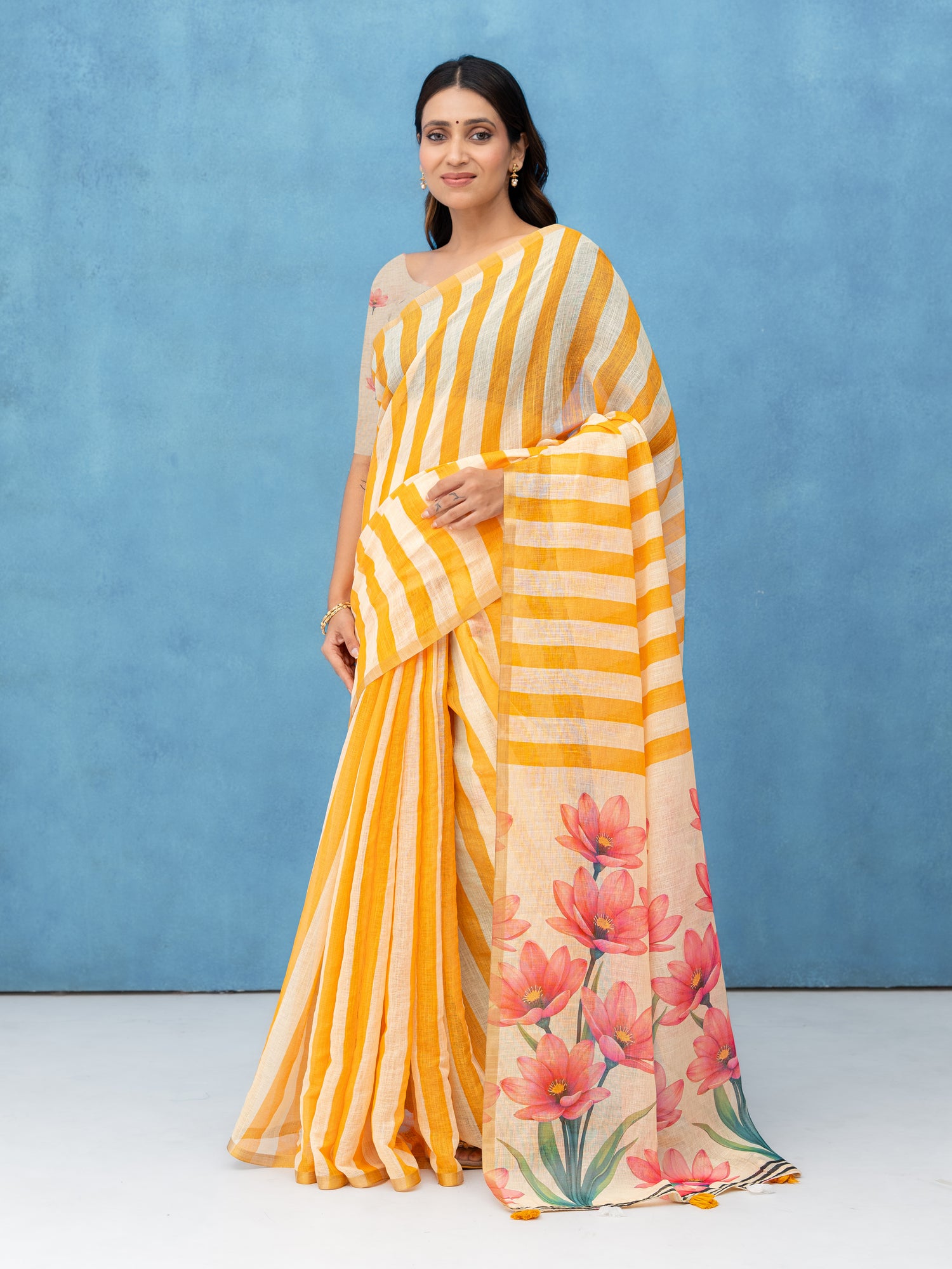Beige Cotton Linen Saree